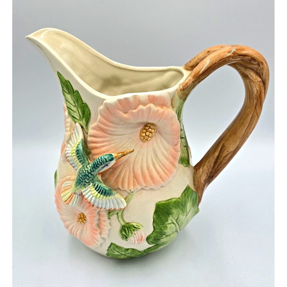 Fitz and Floyd Hummingbird Hibiscus Raised Relief 2 Qt Pitcher Vintage